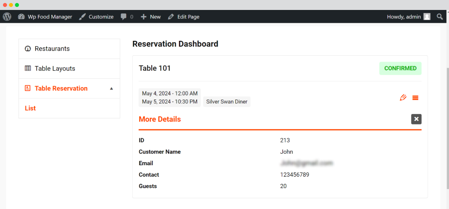Restaurant Dashboard-Table Reservation-List-Details-See Details
